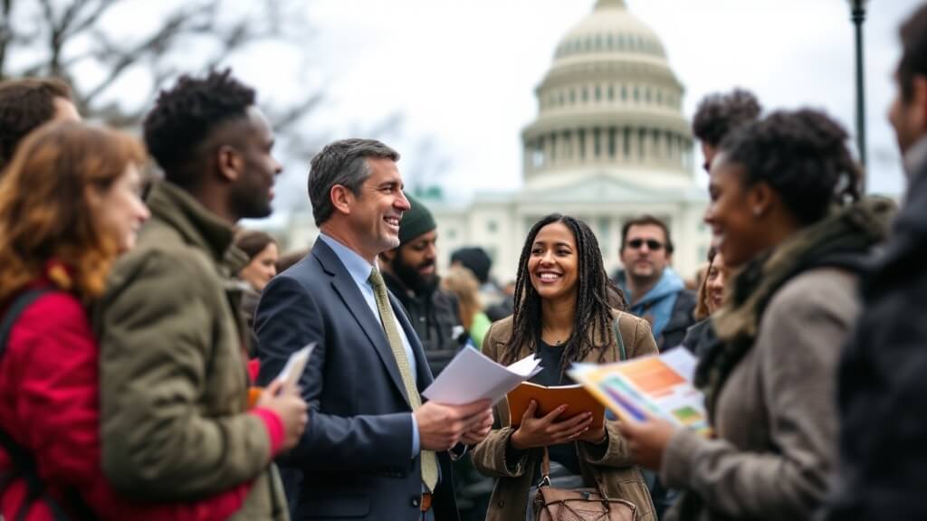 group of happy activists in front of the capitol building