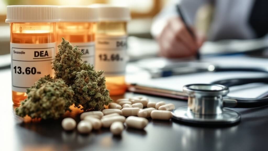 marijuana next to pharmaceutical bottle of medication